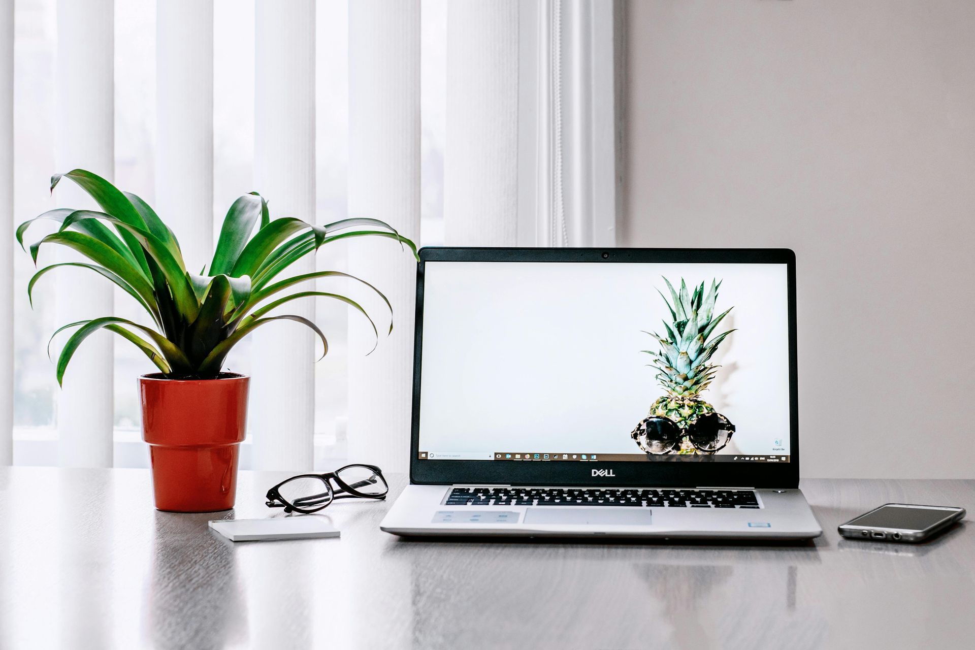 A desk with an open laptop and pot plant.