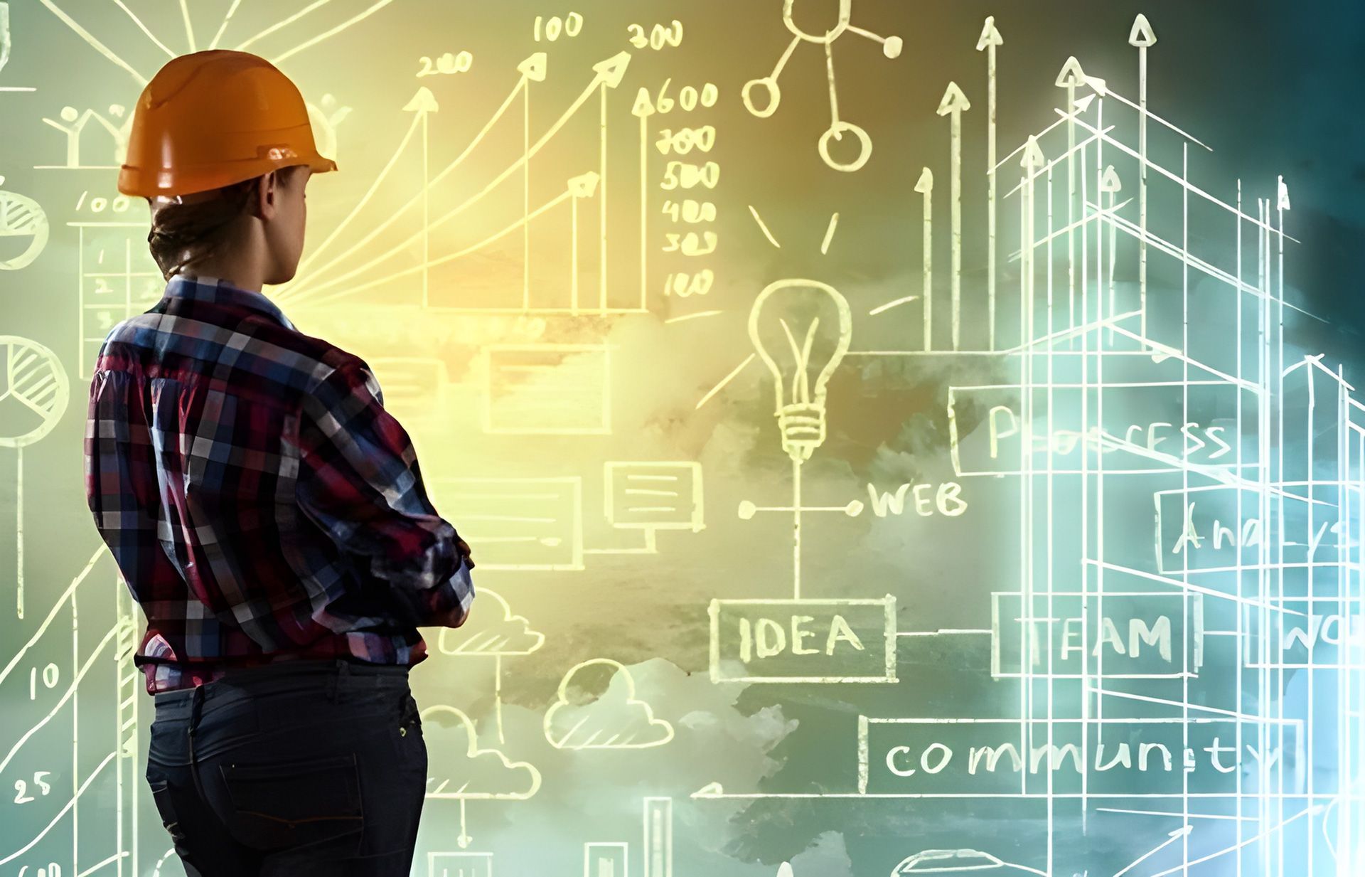 Un hombre que lleva un casco está mirando un dibujo en una pared.