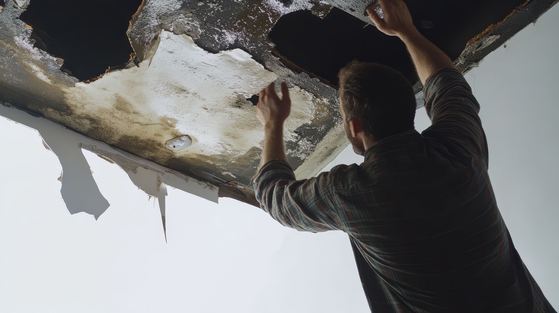 A man is reaching up to fix a hole in the ceiling.