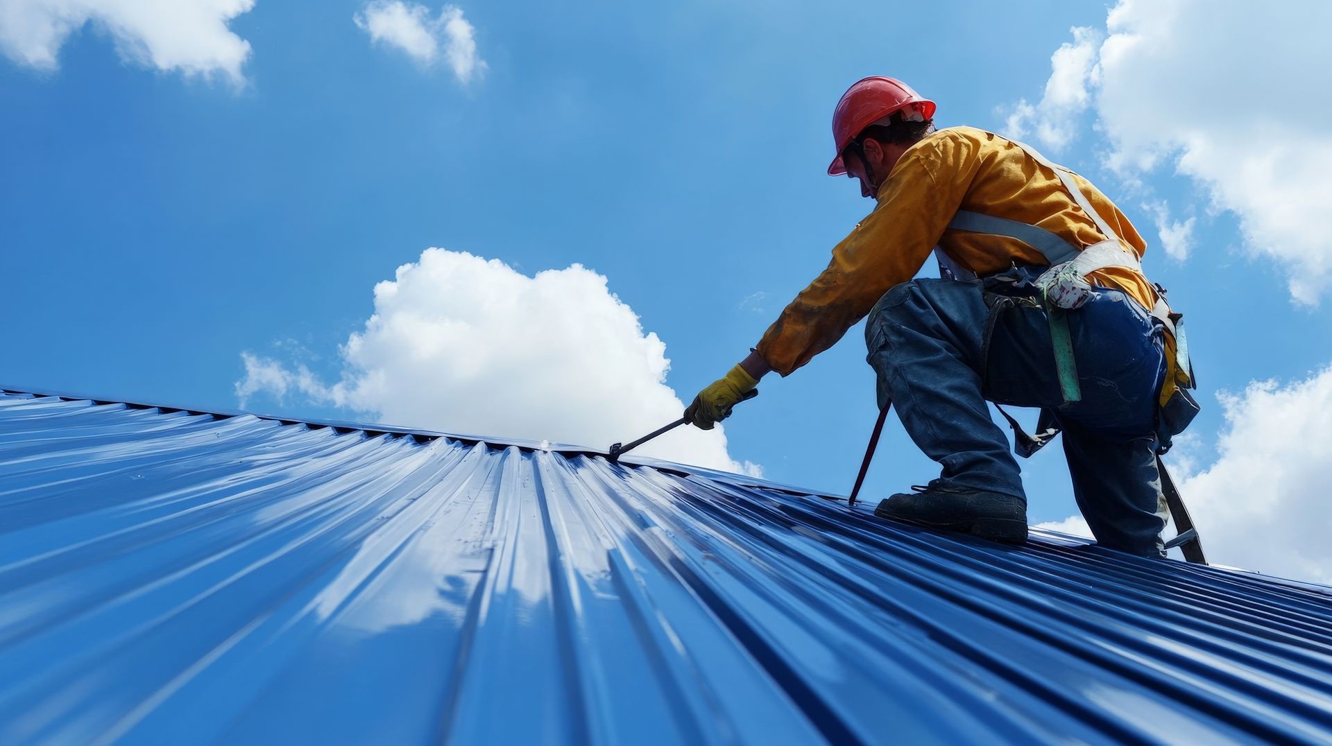 A man is painting a blue metal roof with a brush.