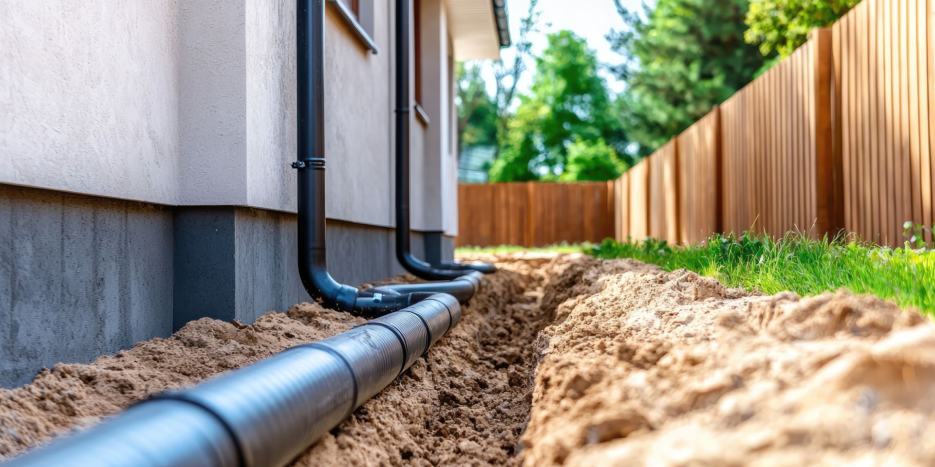 A drainage system is being installed in the backyard of a house.