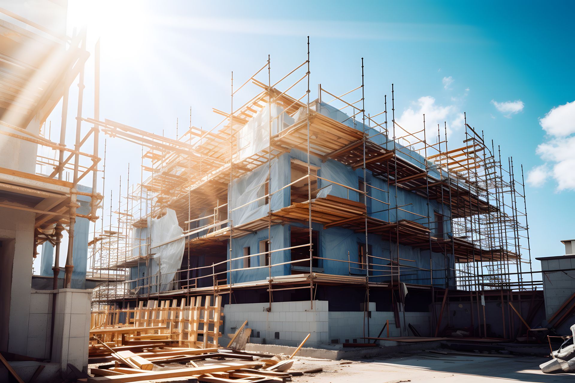 A large building is being built with scaffolding around it.