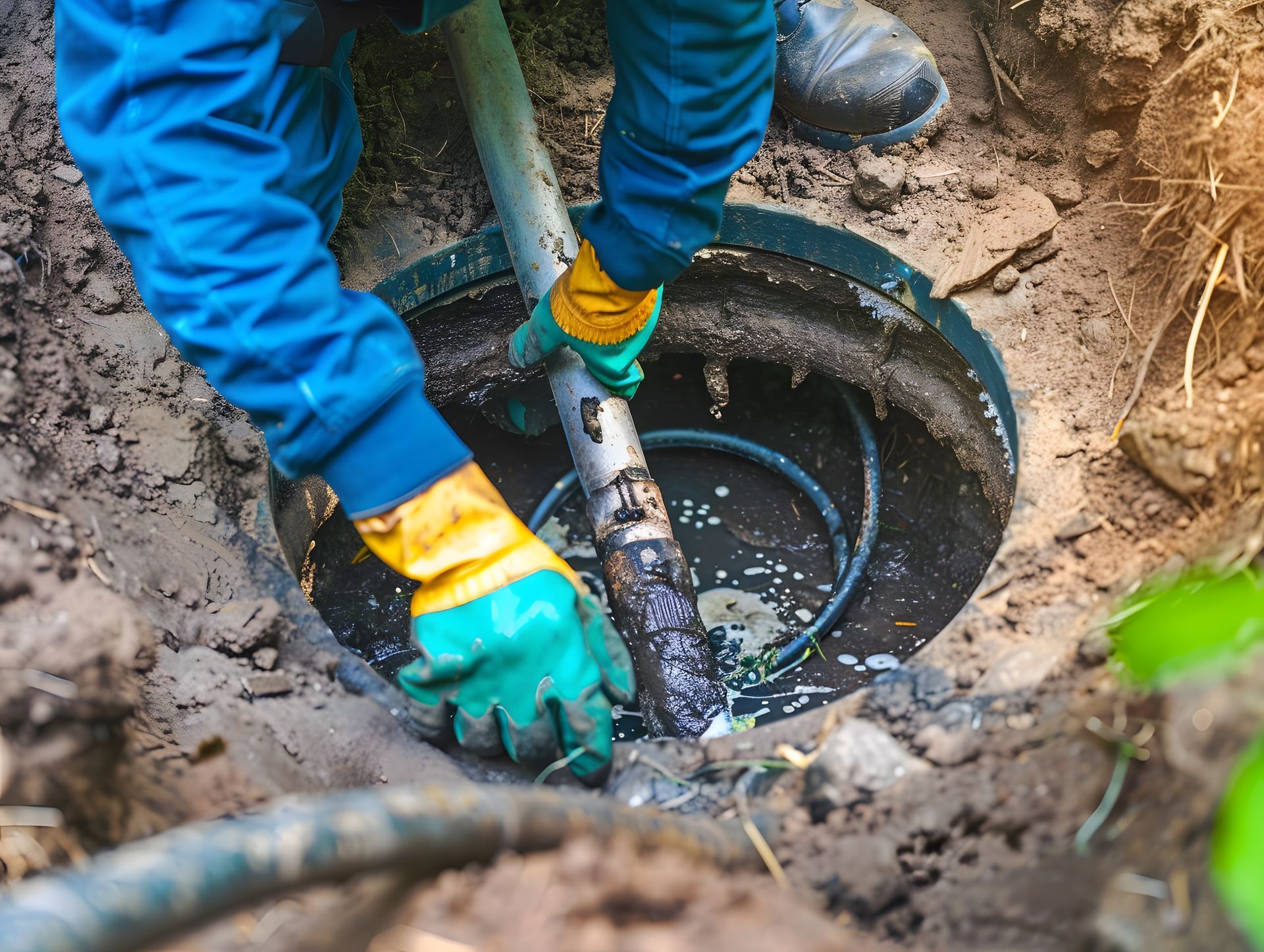 A man is cleaning a septic tank with a hose.