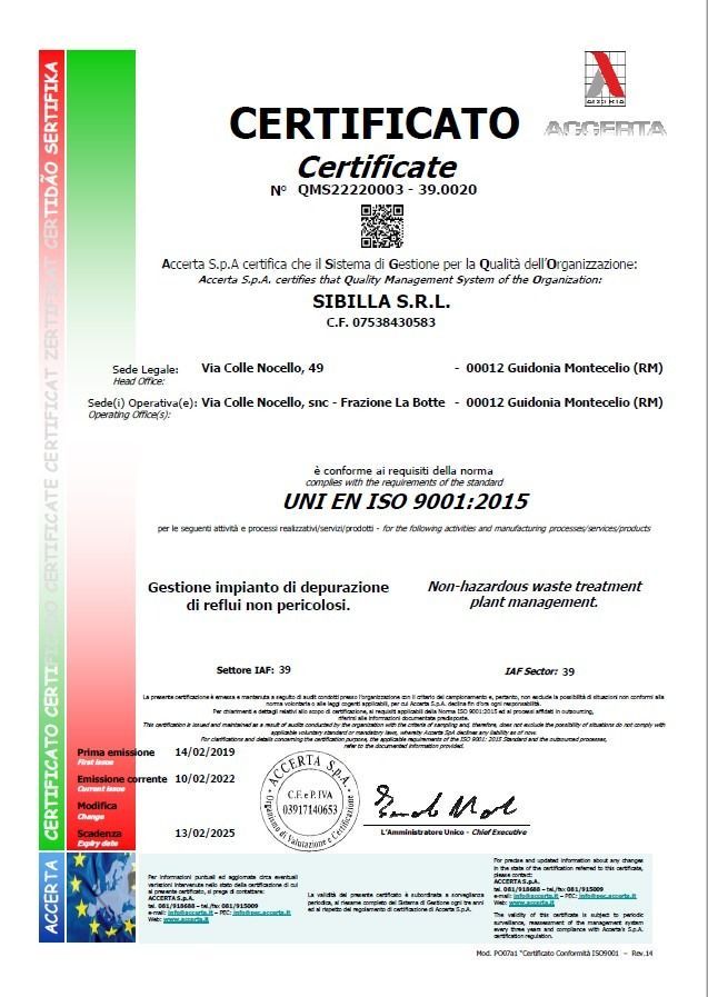 Certificato per l'azienda SIBILLA SRL, certificata secondo le norme UNI EN ISO 9001:2015.