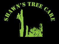 A logo for shawn 's tree care shows a man climbing a tree