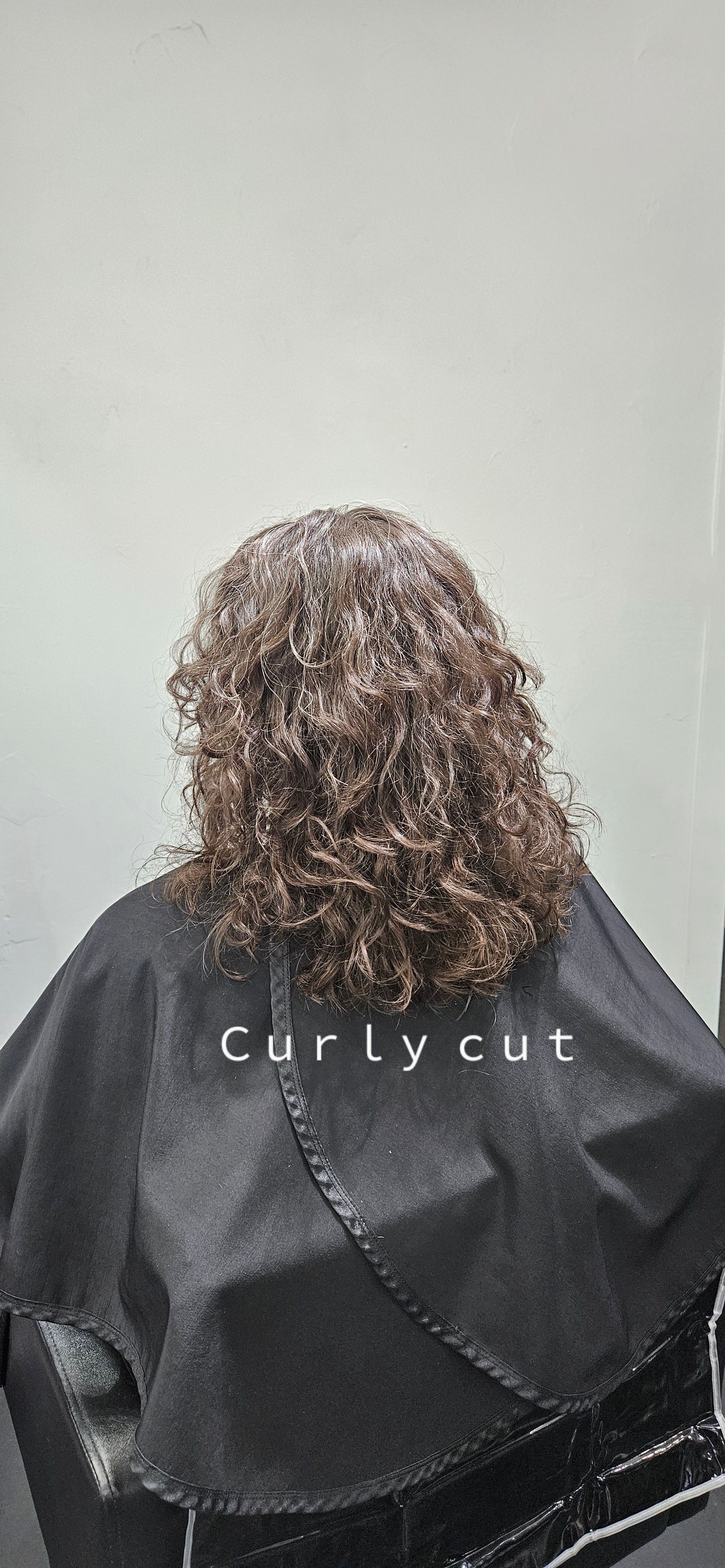 A woman with curly hair is getting her hair cut in a salon.