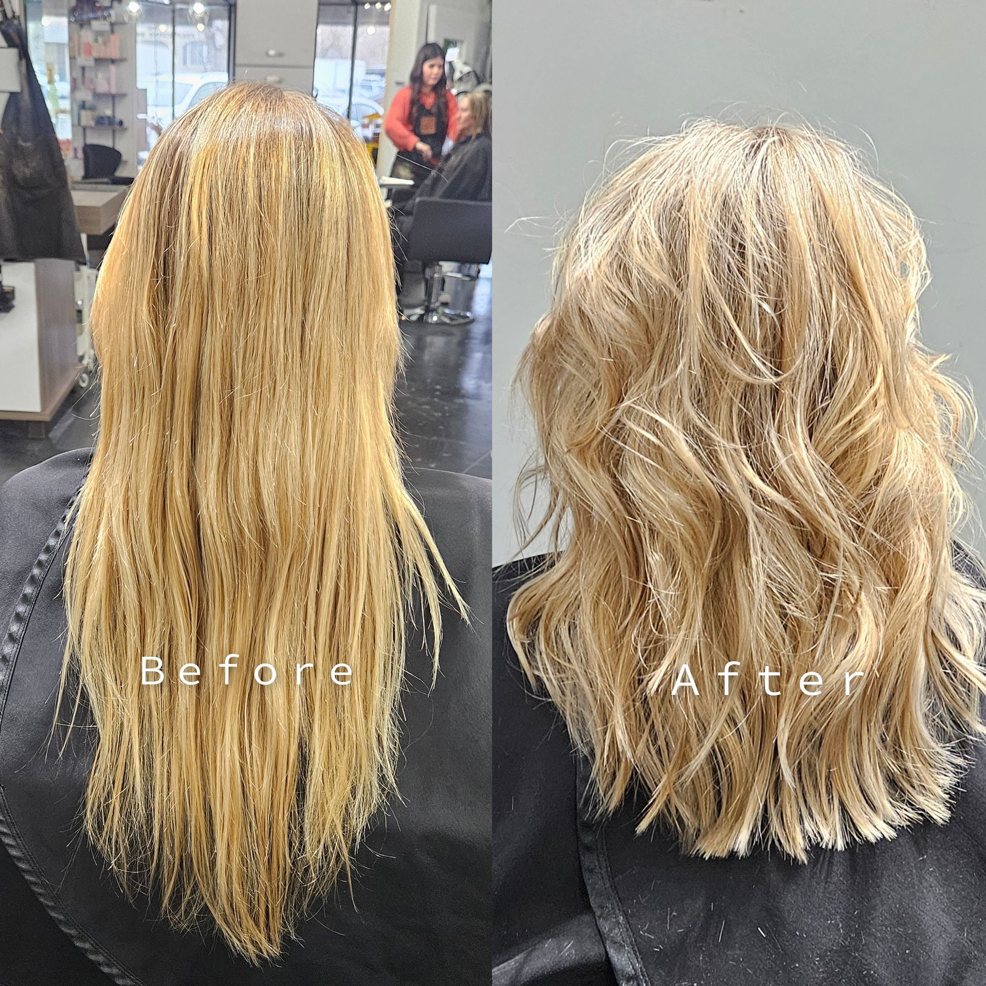 A woman with long blonde hair is wearing an orange shirt.