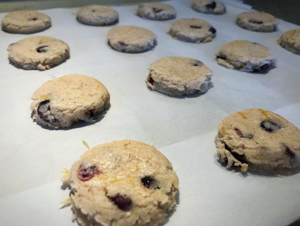 flattened cookie dough on baking tray