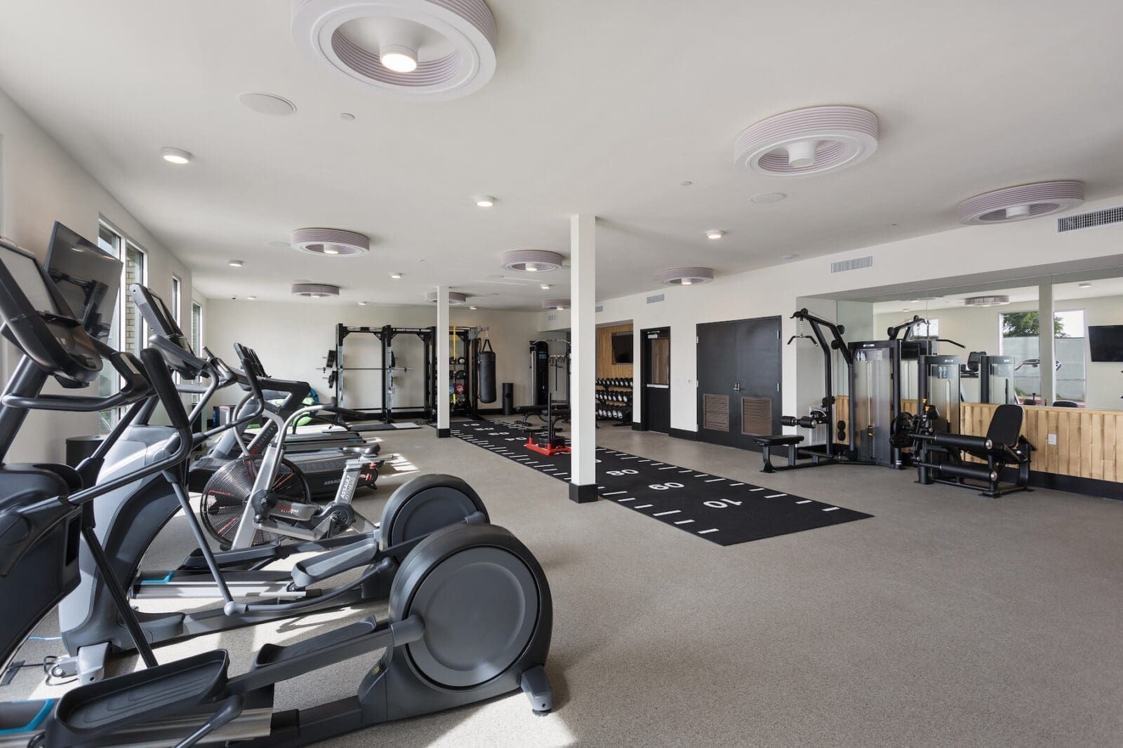 Gym interior with elliptical machines, weights, and workout equipment at Echo Biltmore in Phoenix, AZ..