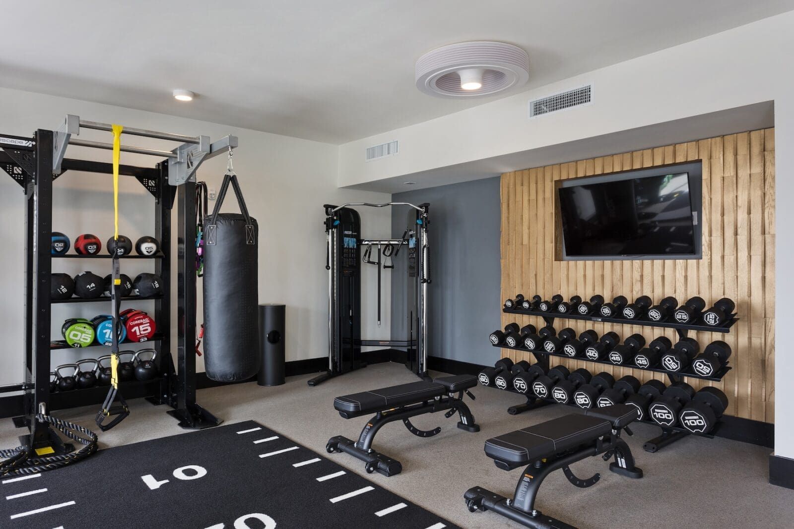 Gym with weights, punching bag, pull-up bar, and benches on a black mat at Echo Biltmore in Phoenix, AZ..