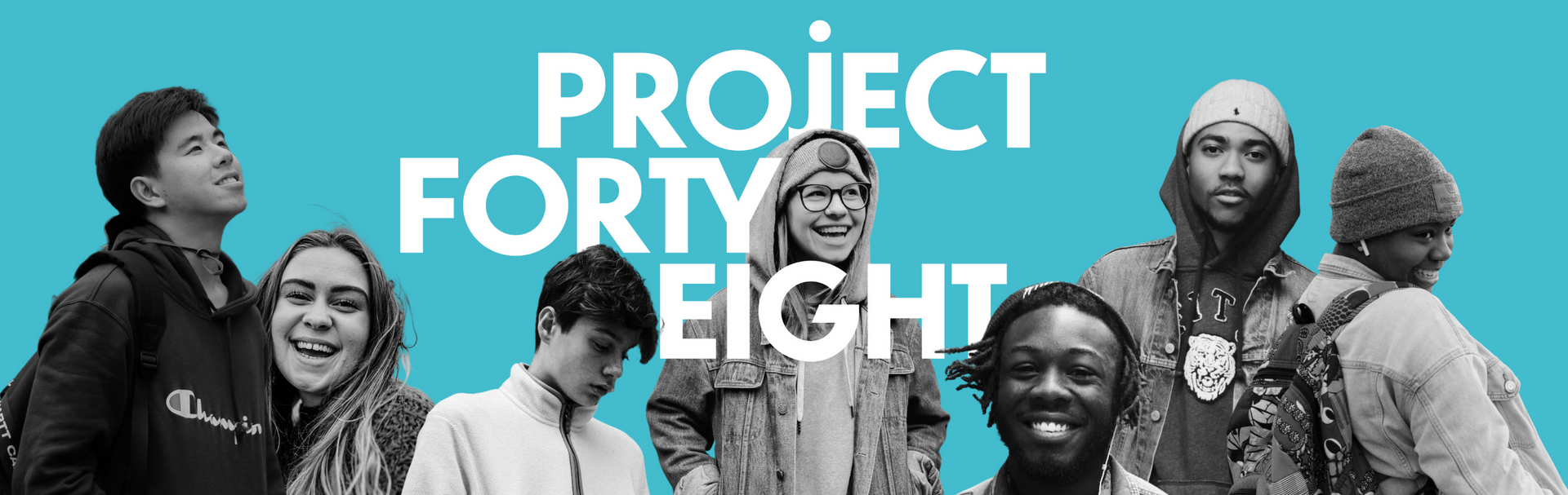 Group of diverse young people in black and white against a blue background. The text