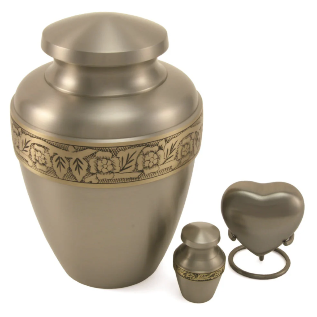 Avalon Pewter traditional urn and keepsakes
