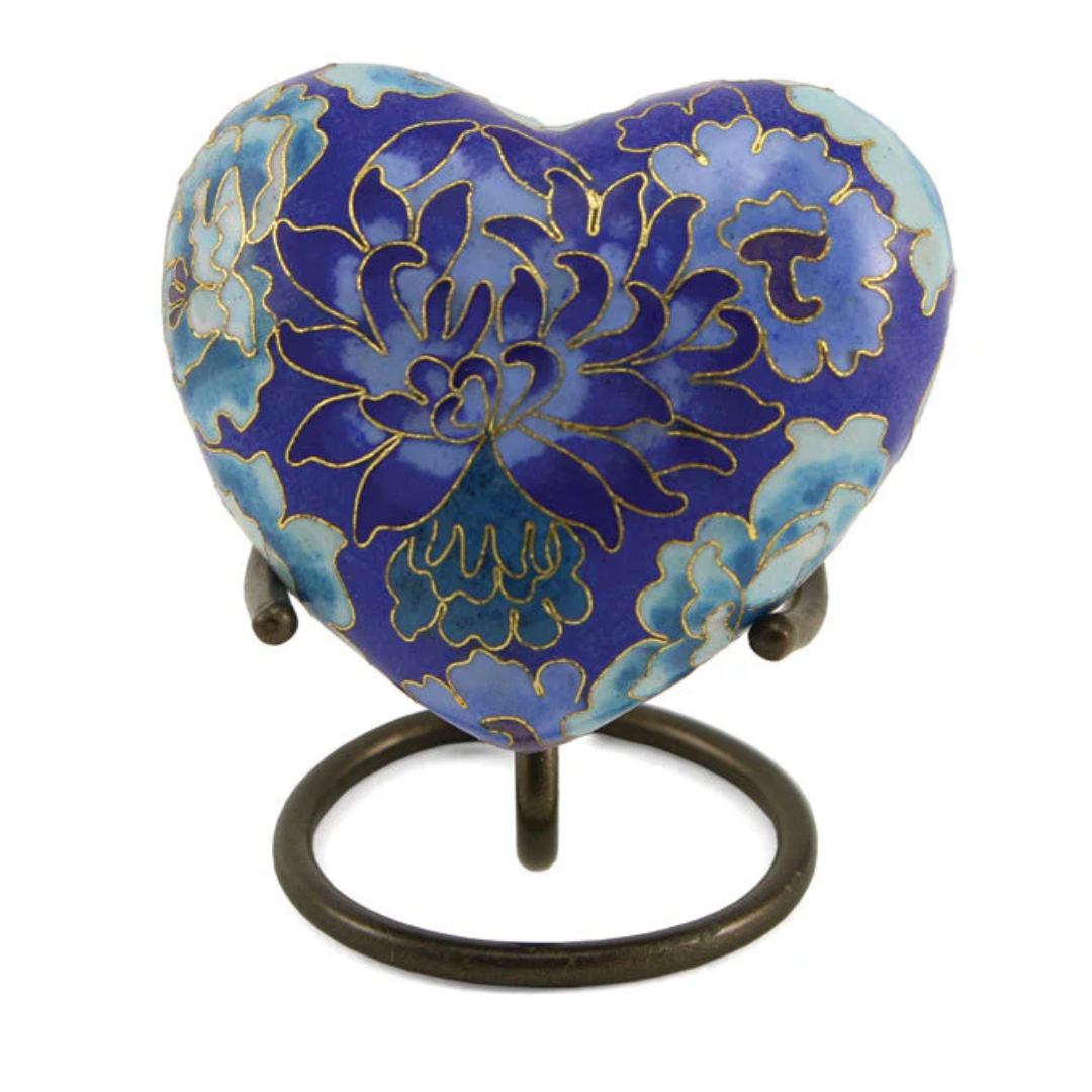Etienne Cloisonne Floral Blue Heart Cremation Keepsake