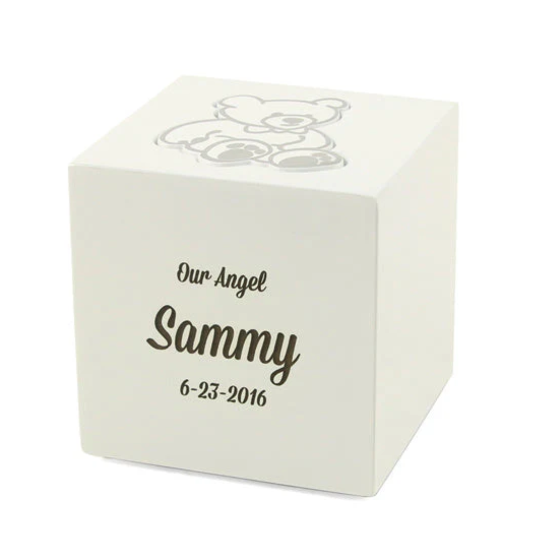 Teddy Bear White Baby Wood Urn Engraved