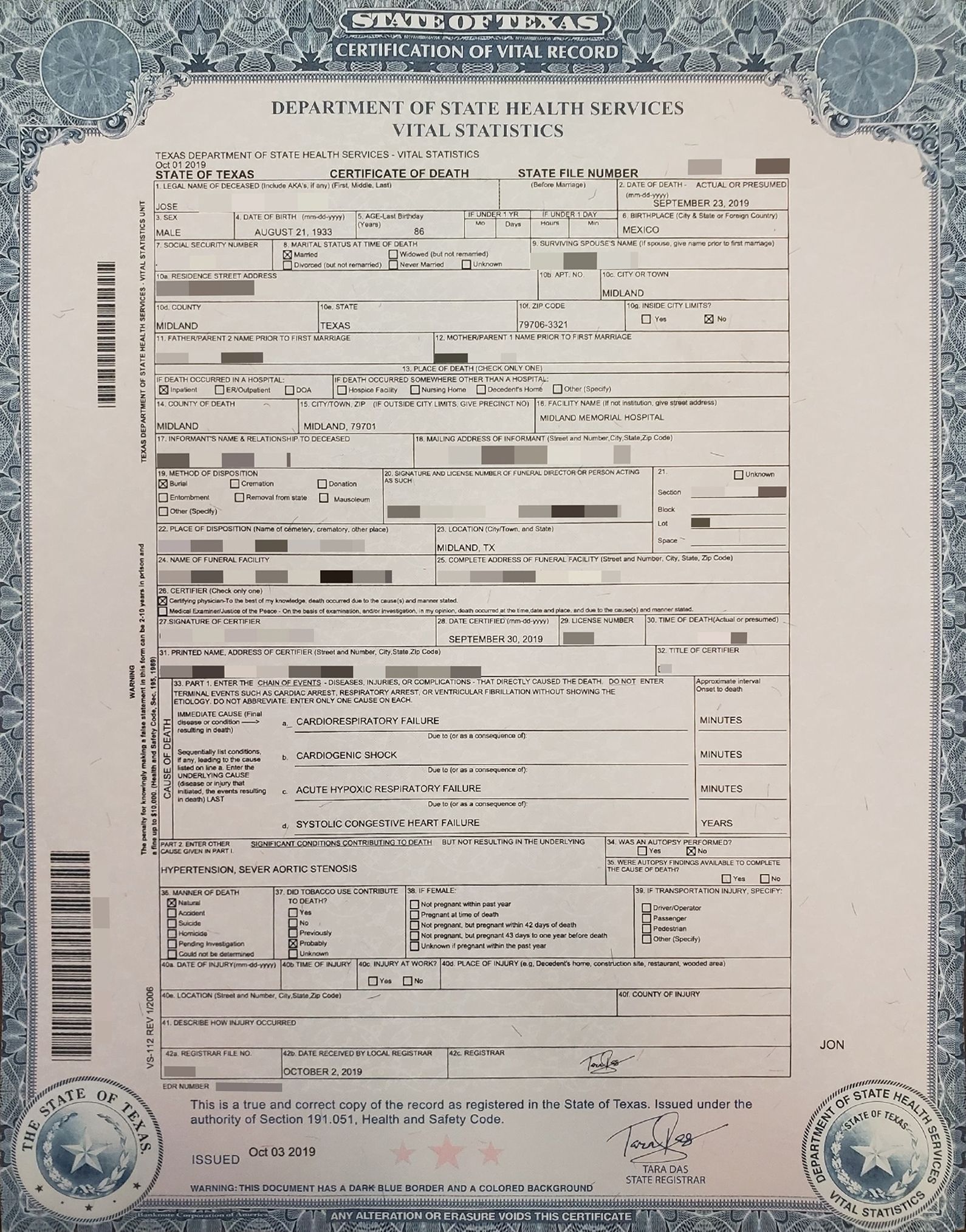 Sample of Texas Death Certificate