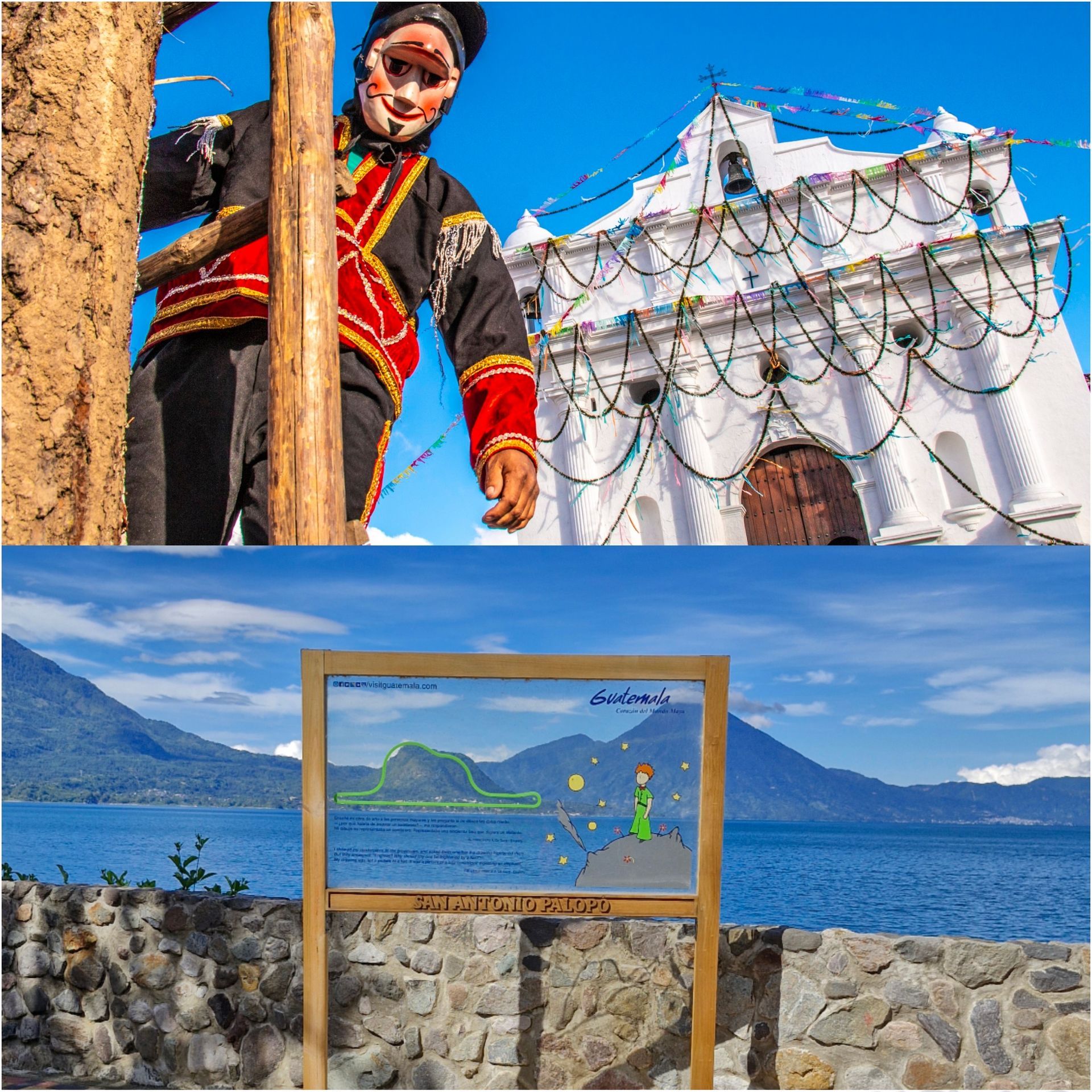 Un hombre con una máscara está de pie junto a un árbol y una imagen de un lago.
