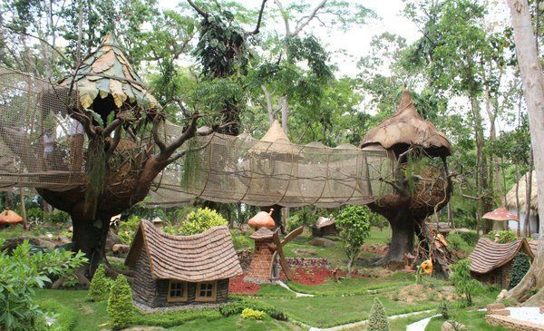 Un grupo de casas en los árboles situadas en lo alto de los árboles en un parque.