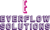 Logo for Everflow Solutions: Purple, 3D text. An abstract "E" shape sits above the text.