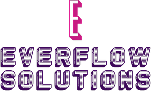 Logo for Everflow Solutions: Purple, 3D text. An abstract "E" shape sits above the text.