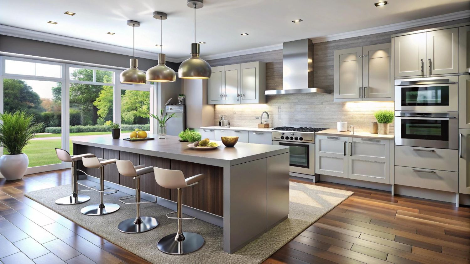 Modern kitchen with island, stainless appliances, and large windows overlooking a backyard.