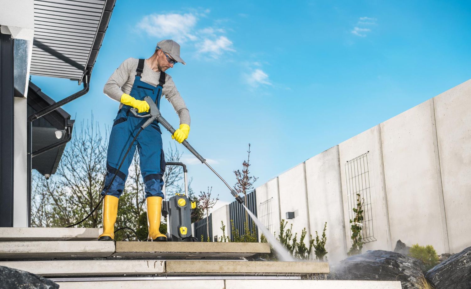 Man power washing outdoor stairs, wearing blue overalls and yellow protective gear.