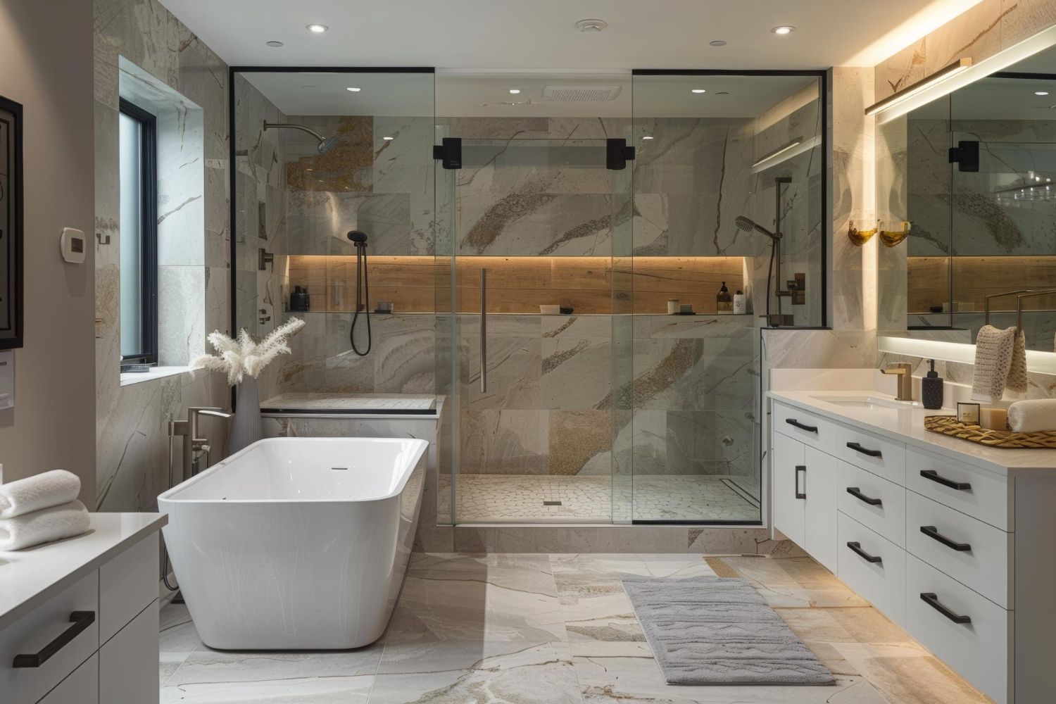 Luxurious modern bathroom: white freestanding tub, glass shower, dual vanity, marble tile, neutral tones, and warm lighting.
