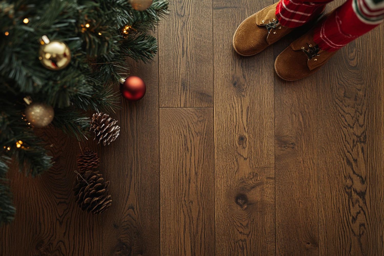 Christmas tree with ornaments and pinecones next to feet wearing festive socks and brown shoes, on wooden floor.