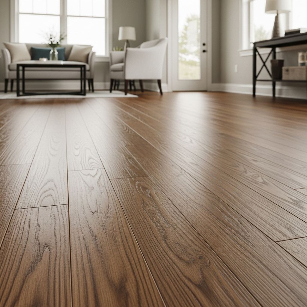 Shiny, dark wood flooring in a living room, with furniture and windows in the background.