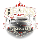 Logo for Beans Burgers & BBQ featuring a charcoal grill, cooking utensils, and flames in red, white, and black.