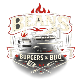 Logo for Beans Burgers & BBQ featuring a charcoal grill, cooking utensils, and flames in red, white, and black.