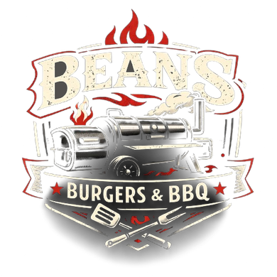 Logo for Beans Burgers & BBQ featuring a charcoal grill, cooking utensils, and flames in red, white, and black.