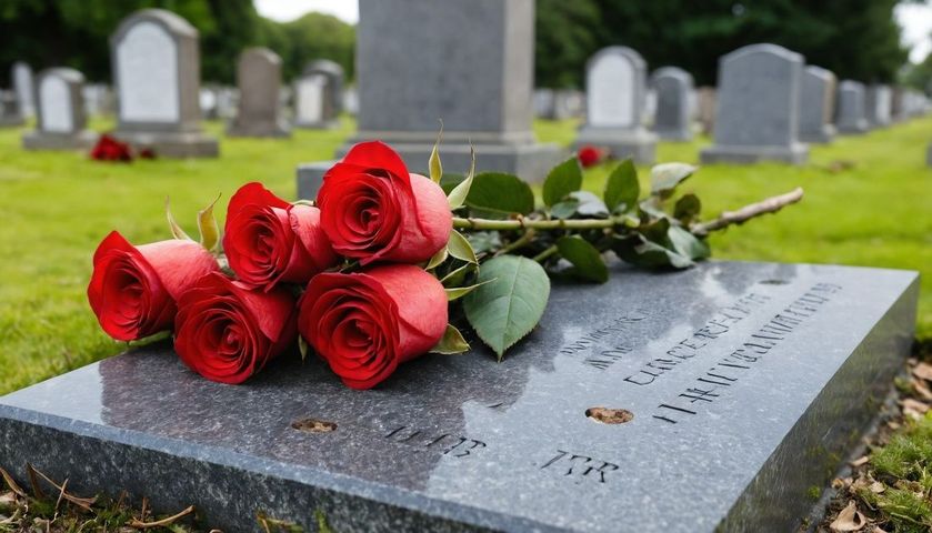 Red roses resting on a gravestone in a cemetery with blurred headstones in the background