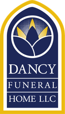 Dancy Funeral Home LLC logo with blue and gold arched floral emblem and white text