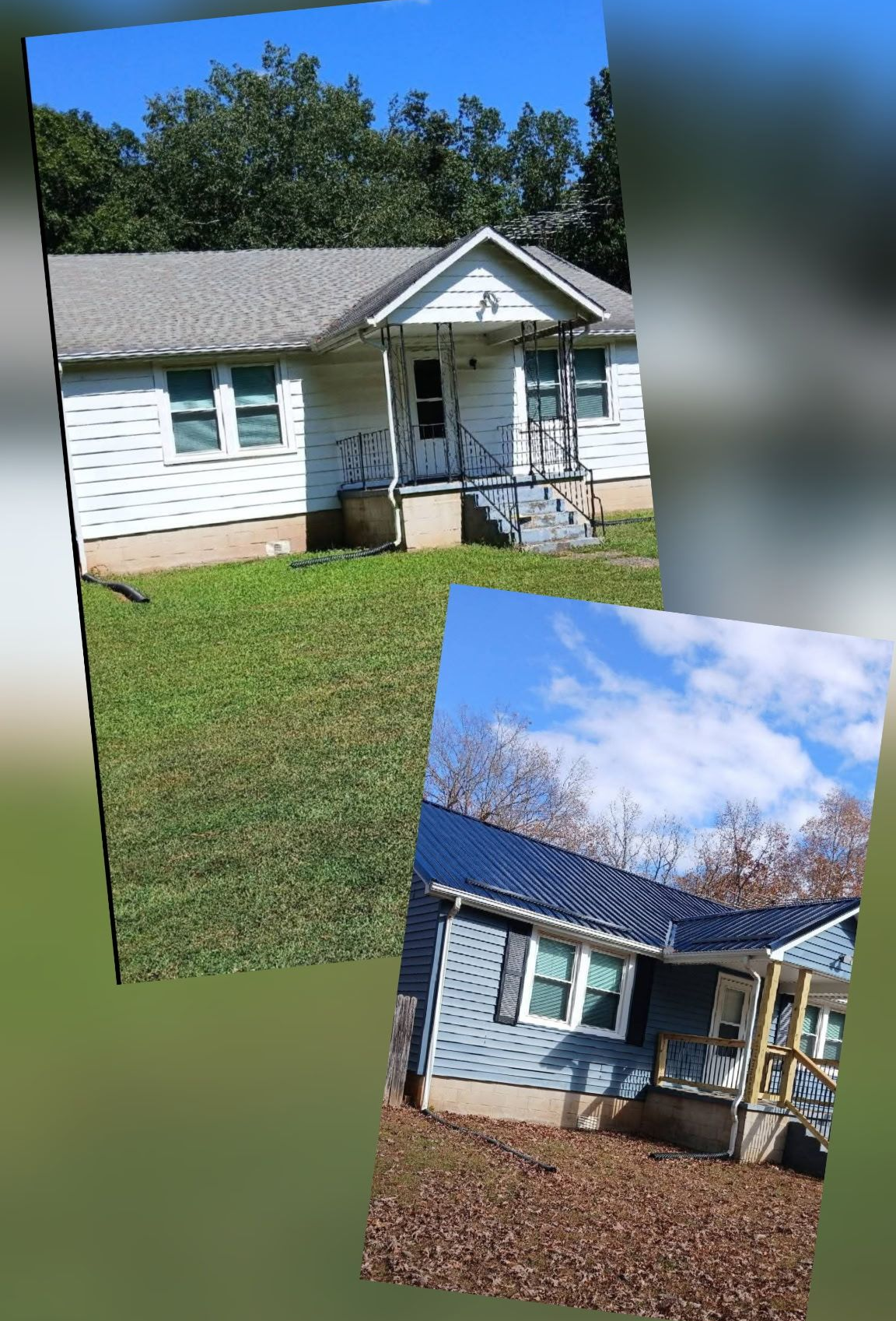 A collage showing several wooden decks, porches, and carports constructed for mobile homes in an outdoor setting.