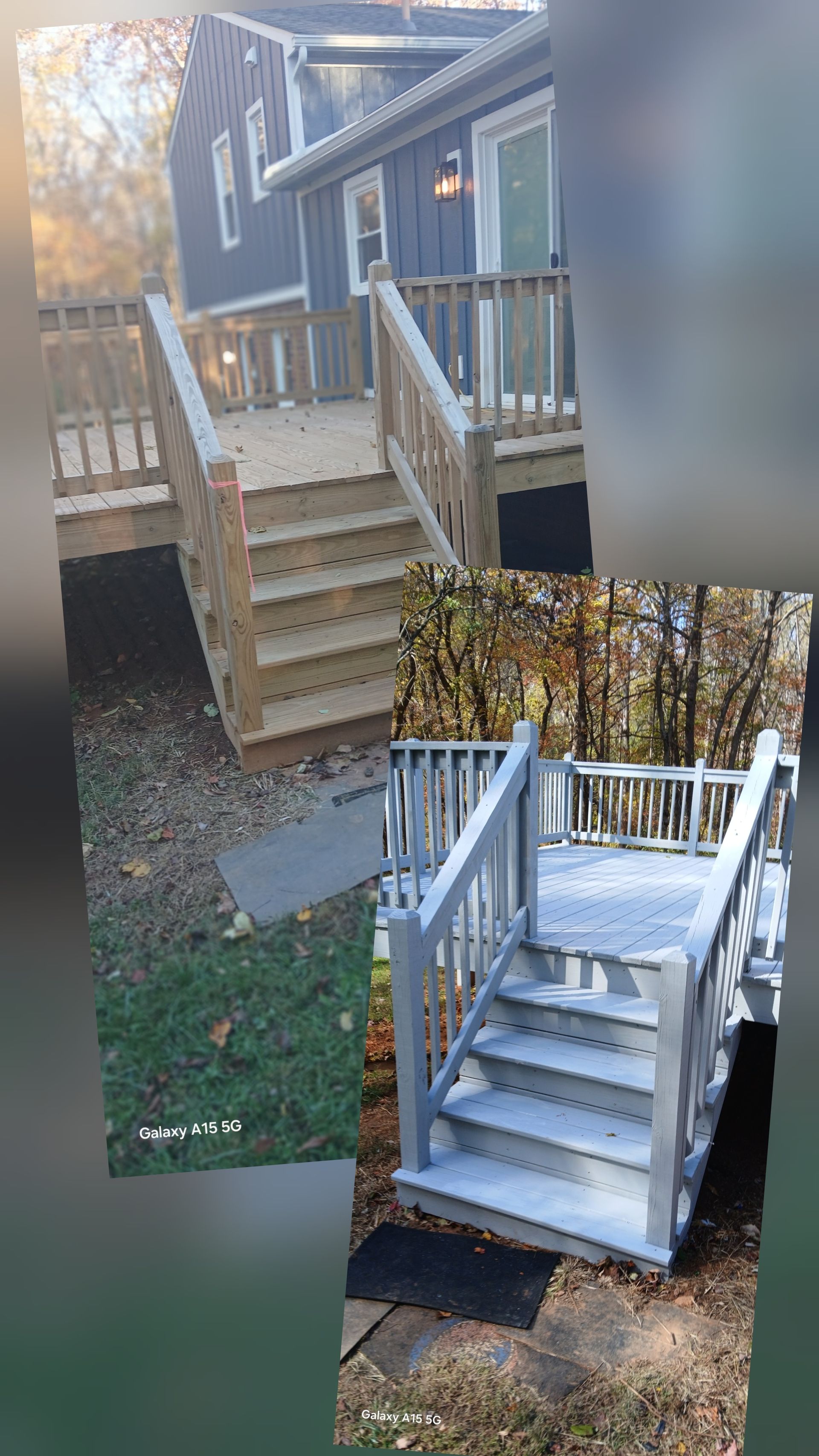 A split-screen comparison showing a wooden deck and stairs before and after being painted light gray.