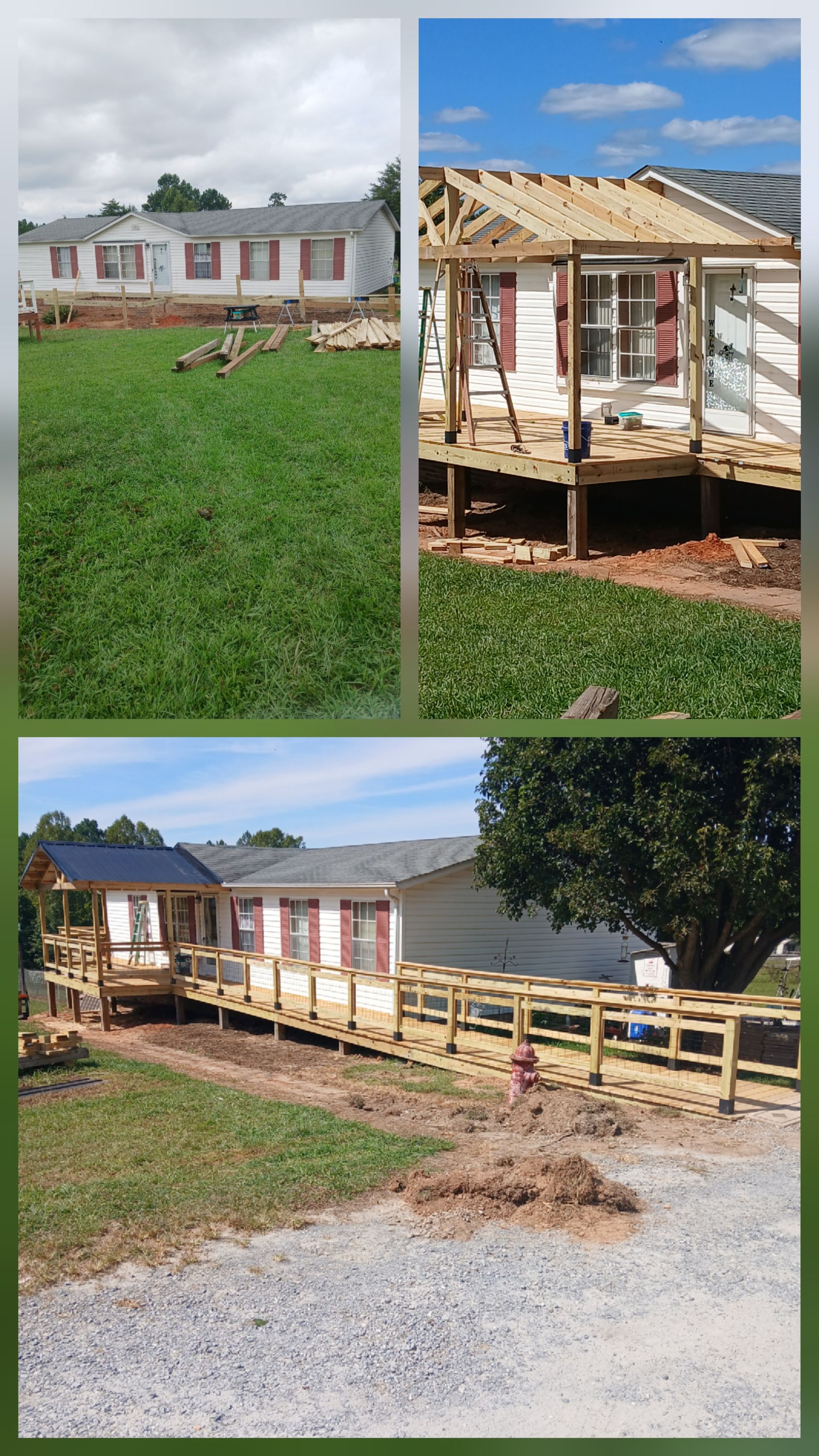 A three-part collage showing the construction of a wheelchair-accessible wooden ramp and porch for a white mobile home.