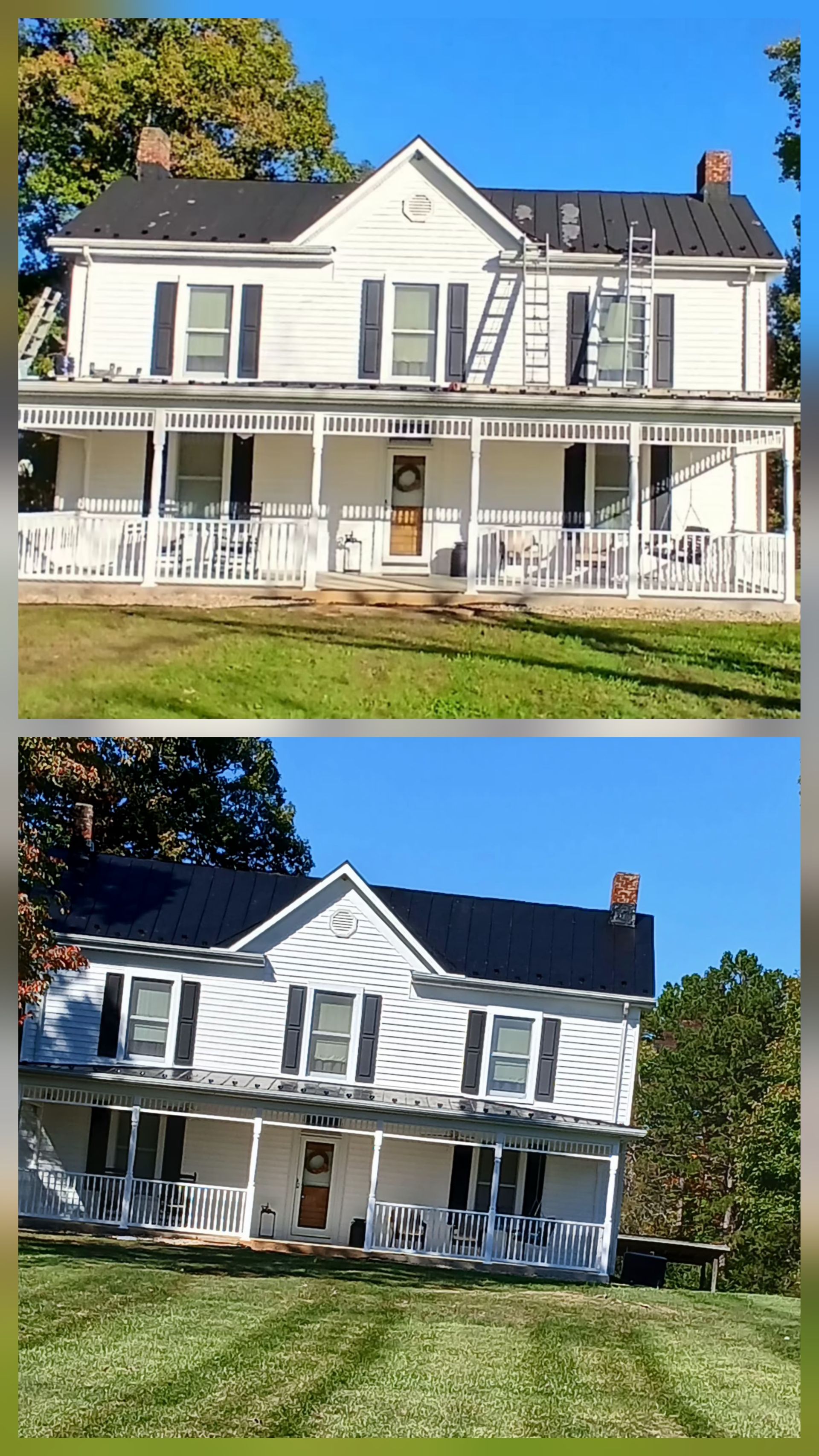 Before-and-after photos of a white farmhouse with black shutters, showing the installation of a new black metal roof.