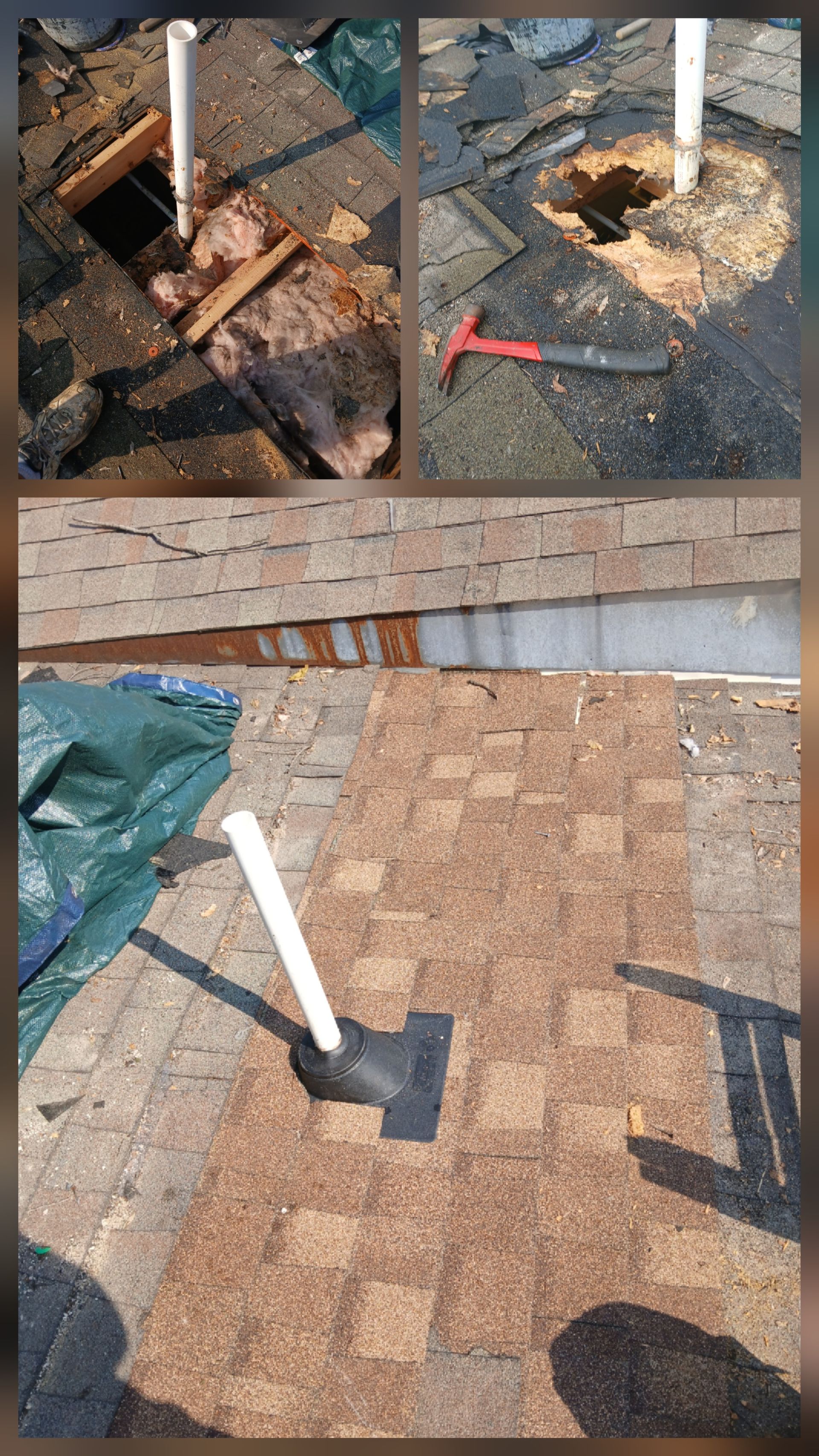Three-part photo showing the step-by-step repair of a roof vent pipe, including deck removal, pipe flashing, and shingles.