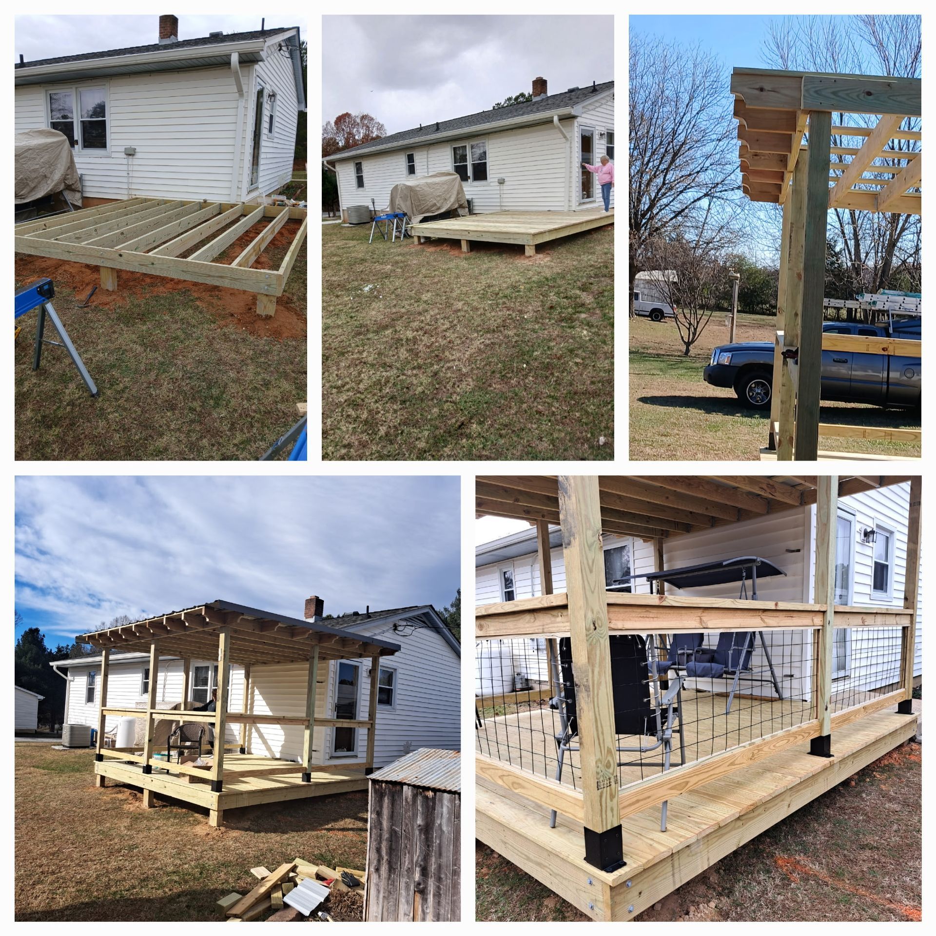 A collage showing the construction of a wooden deck and pergola attached to a white house, from frame to finished build.