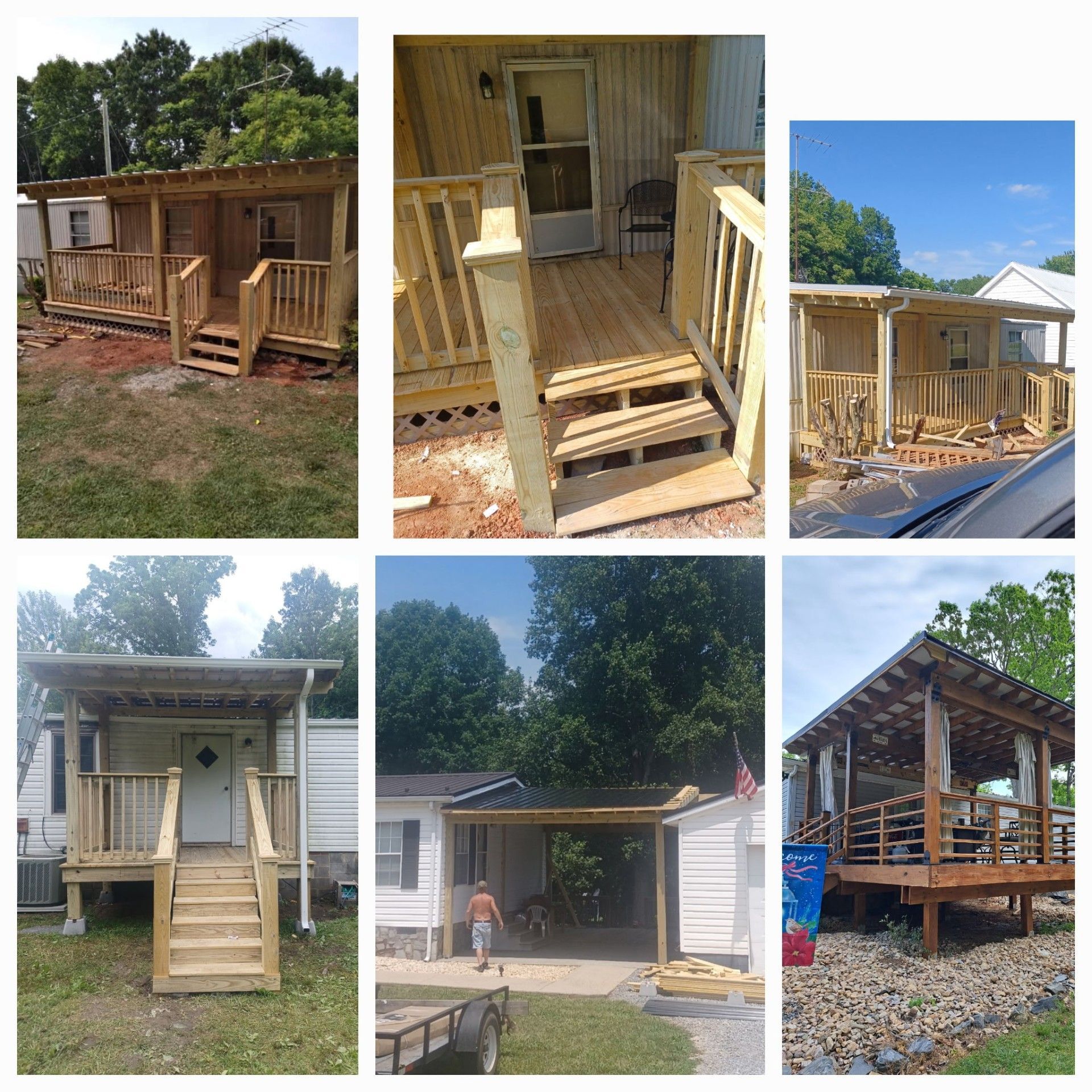 A side-by-side comparison of wooden outdoor stairs, showing an older, stained staircase before and after being rebuilt.