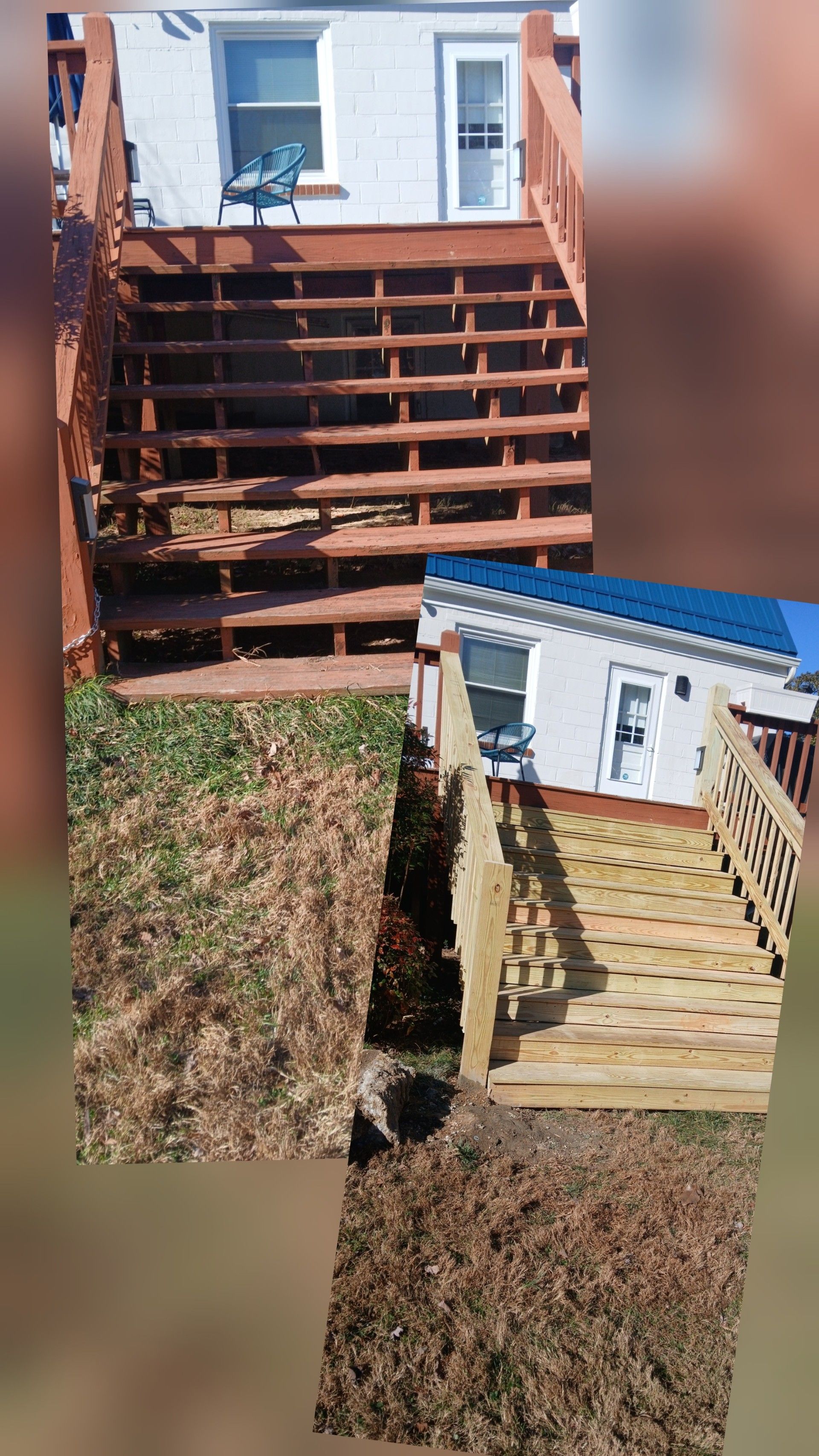 A mop applies orange sealant to half of a grey wooden deck, creating a stark contrast between stained and raw wood.