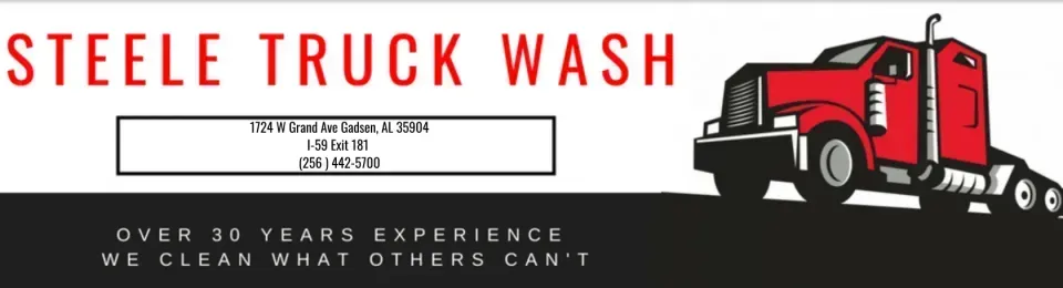 Steel Truck Wash logo with red truck illustration and black slogan on white background