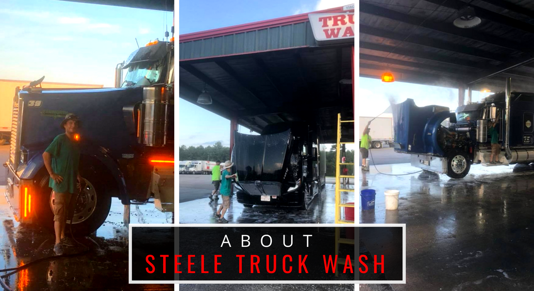 Steel truck wash under a canopy, with workers washing a truck in a wet, reflective bay.