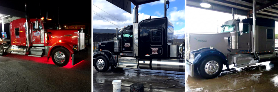 Three semi trucks in red, black, and silver, shown side by side in an industrial lot.