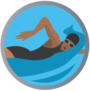 This icon shows an adult swimmer wearing goggles swimming front crawl in the pool independently.  