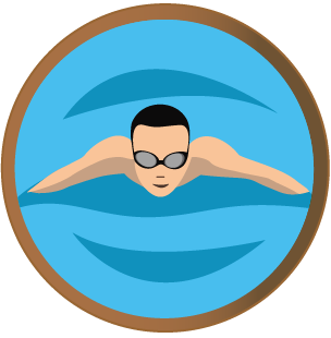 This icon shows an older child wearing a swimming hat and goggles, ready to push off from the side of the water and start swimming. 