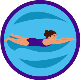 This icon shows an older child swimming front crawl in the water, and is designed to show the progression of this level as it is focussed on improving swimming strokes