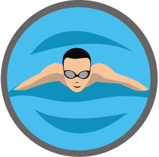This icon shows an adult swimmer wearing goggles swimming front crawl in the pool independently.  