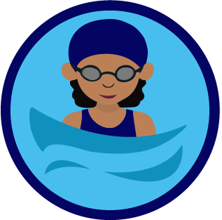 This icon shows an older child wearing a swimming hat and goggles, ready to push off from the side of the water and start swimming. 