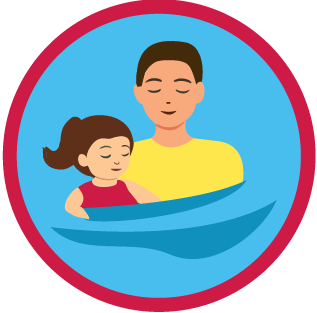 The icon shows a coach wearing a yellow t-shirt standing closely behind a young girl as she swims. 